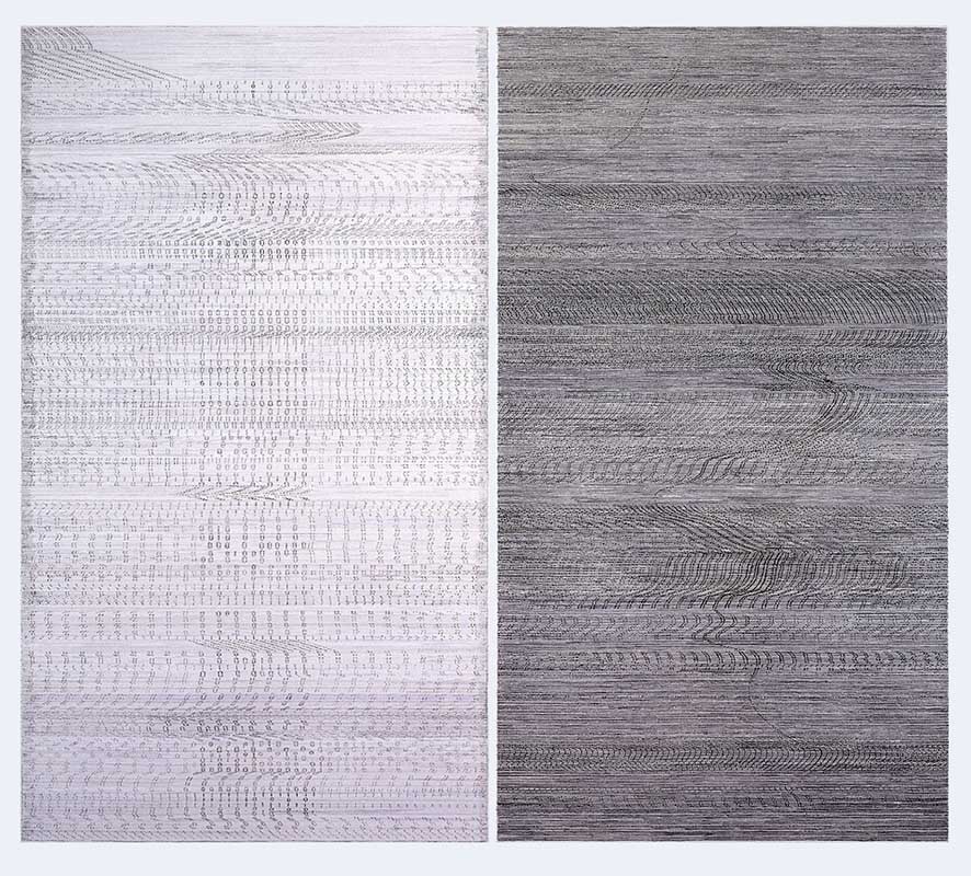 Die andere Seite - Katharina Stark - 2004 -Faltengewebe, Kabeladern, technische Garne, Stahlbänder, Stahlgestell, Teer, Rohbraunkohle - 300cm x 452cm (Durchmesser) -Foto Thomas Richter / Halle