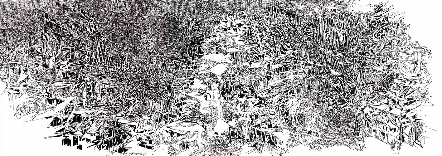 finelinerzeichnung phantasie-landschaft dystopie chaos