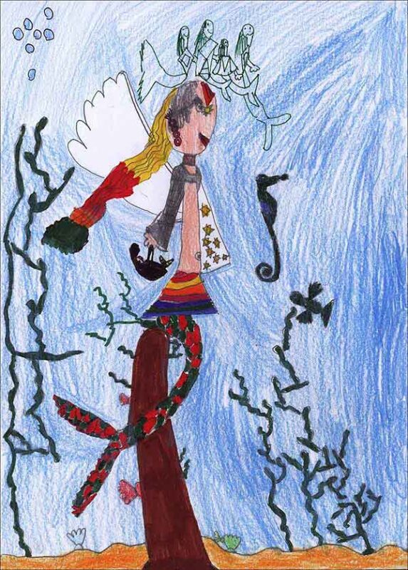 Bunststiftzeichnung einer Meerjungfrau mi Seepferdchen, Mädchen 7 Jahre