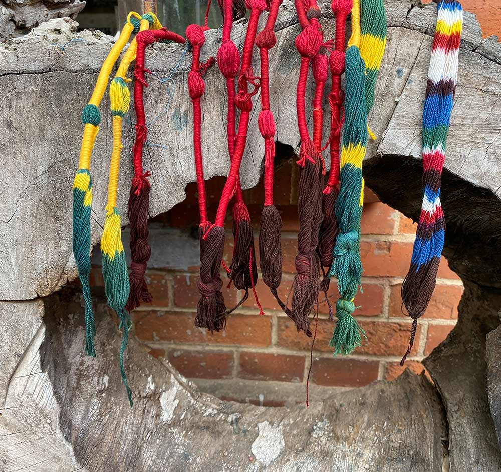 ikat abgebundene und gefaerbte baumwollgarne trocknen auf baumscheibe